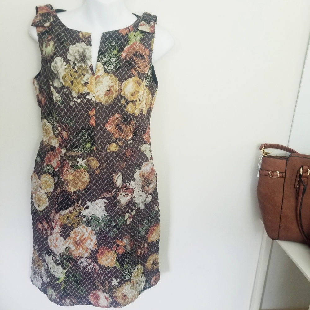Anthropologie Floral Textured Sheath Dress in Brown, Cream, Pink - Picture 3 of 9
